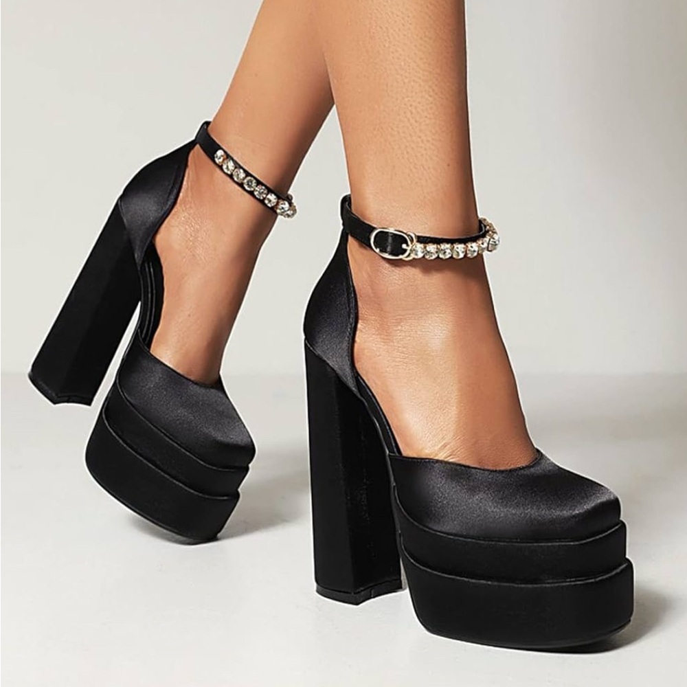 Black Platform Mary Jane Heels with Rhinestone Ankle Strap Versace style